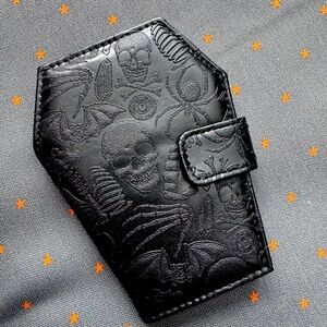 Kreepsville Black Coffin Shaped Skull Embossed faux Leather  Wallet Clutch